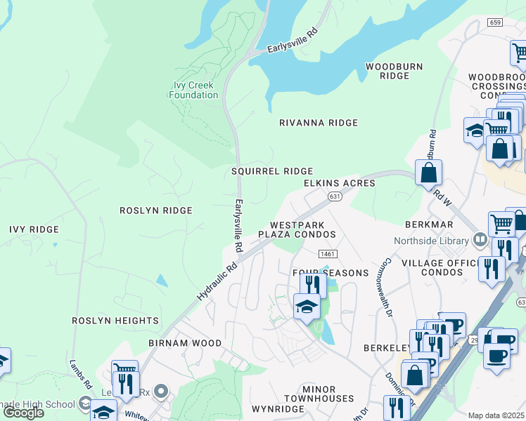 map of restaurants, bars, coffee shops, grocery stores, and more near 356 Squirrel Path in Charlottesville
