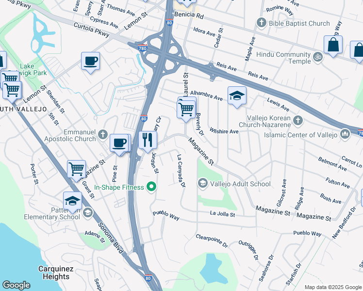 map of restaurants, bars, coffee shops, grocery stores, and more near 206 La Brea Street in Vallejo