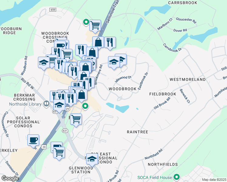map of restaurants, bars, coffee shops, grocery stores, and more near 2800 Idlewood Drive in Charlottesville