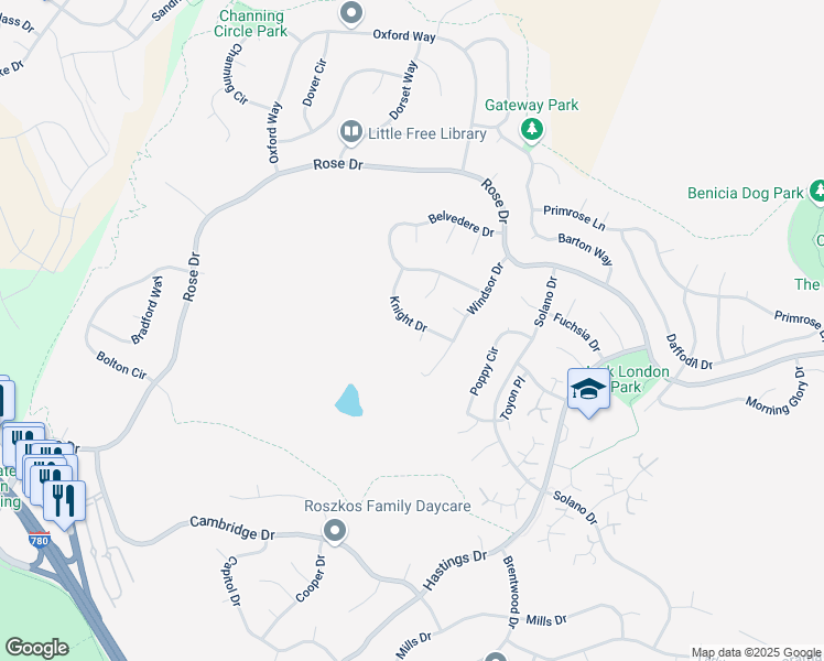 map of restaurants, bars, coffee shops, grocery stores, and more near 680 Knight Drive in Benicia