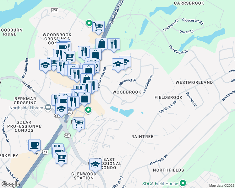 map of restaurants, bars, coffee shops, grocery stores, and more near 2800 Idlewood Drive in Charlottesville