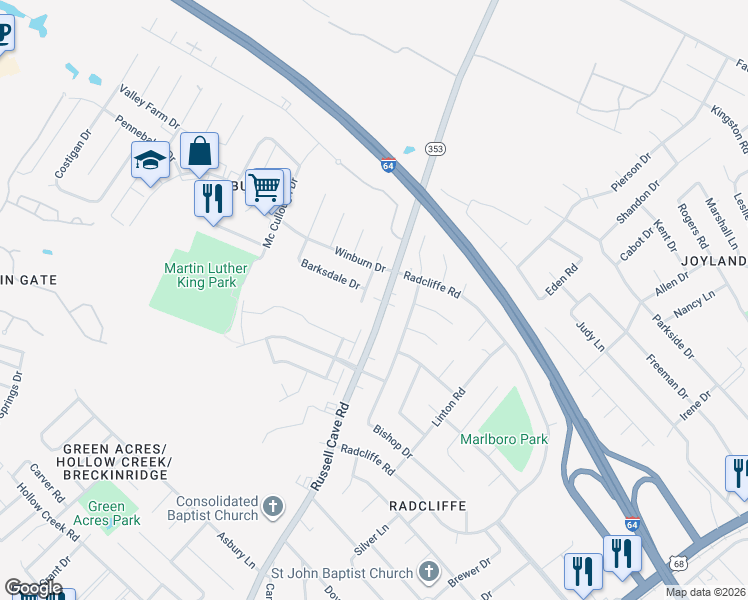 map of restaurants, bars, coffee shops, grocery stores, and more near 1845 Russell Cave Road in Lexington