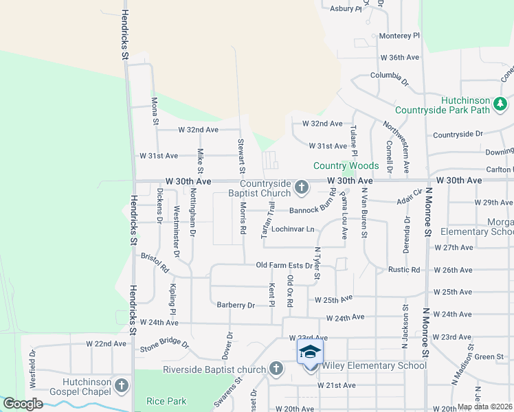 map of restaurants, bars, coffee shops, grocery stores, and more near 1004 Bannock Burn Road in Hutchinson