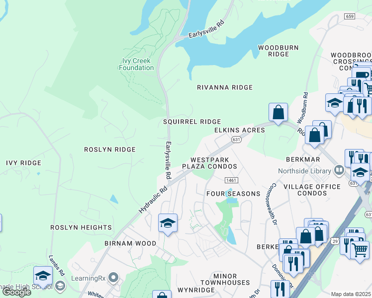 map of restaurants, bars, coffee shops, grocery stores, and more near 356 Squirrel Path in Charlottesville