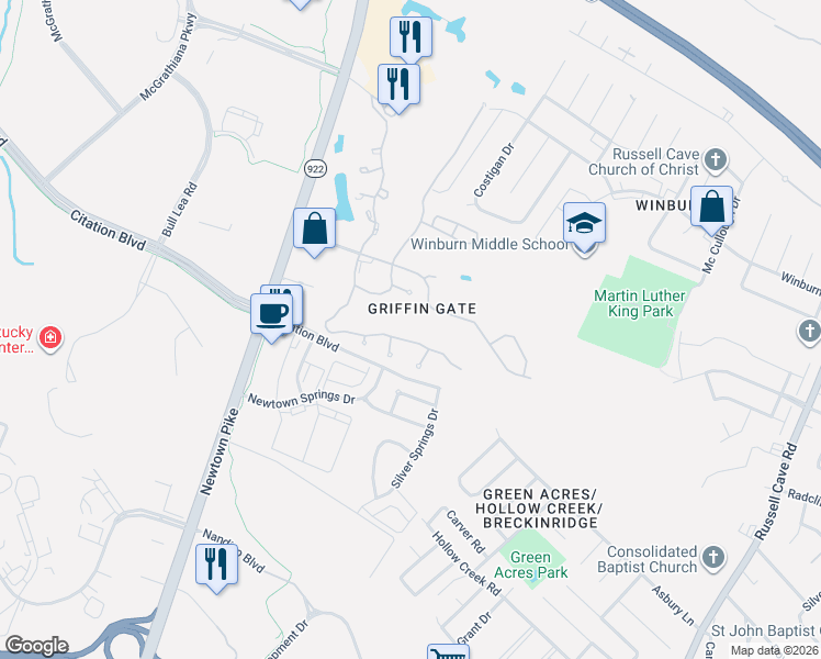 map of restaurants, bars, coffee shops, grocery stores, and more near 1088 Griffin Gate Drive in Lexington