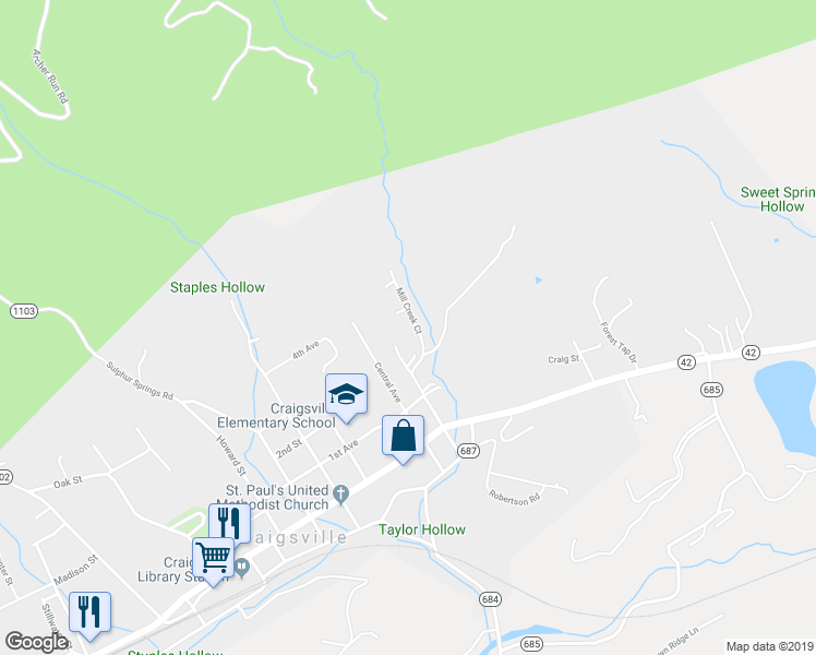 map of restaurants, bars, coffee shops, grocery stores, and more near 110 Brookhollow Road Exn in Craigsville