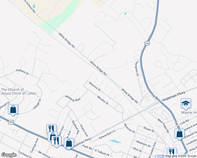 map of restaurants, bars, coffee shops, grocery stores, and more near 204 Inglecress Road in Waynesboro