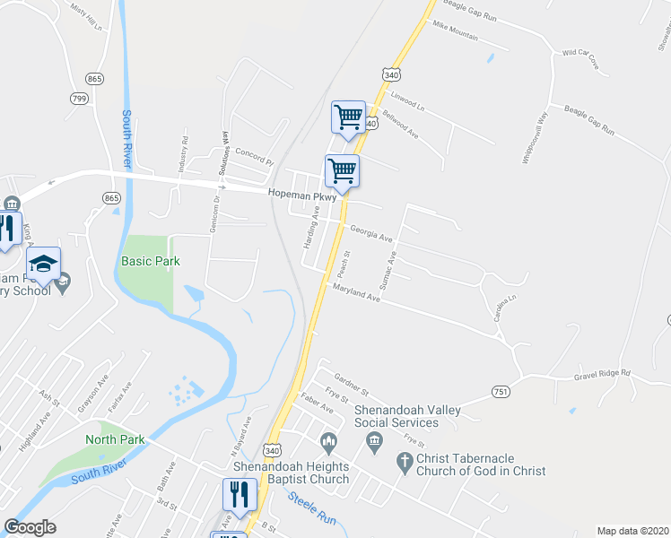 map of restaurants, bars, coffee shops, grocery stores, and more near 1410 North Delphine Avenue in Waynesboro
