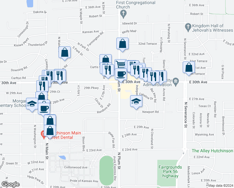 map of restaurants, bars, coffee shops, grocery stores, and more near 2901 North Plum Street in Hutchinson