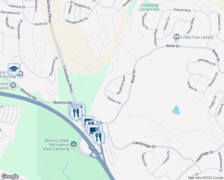 map of restaurants, bars, coffee shops, grocery stores, and more near 931 Bradford Way in Benicia