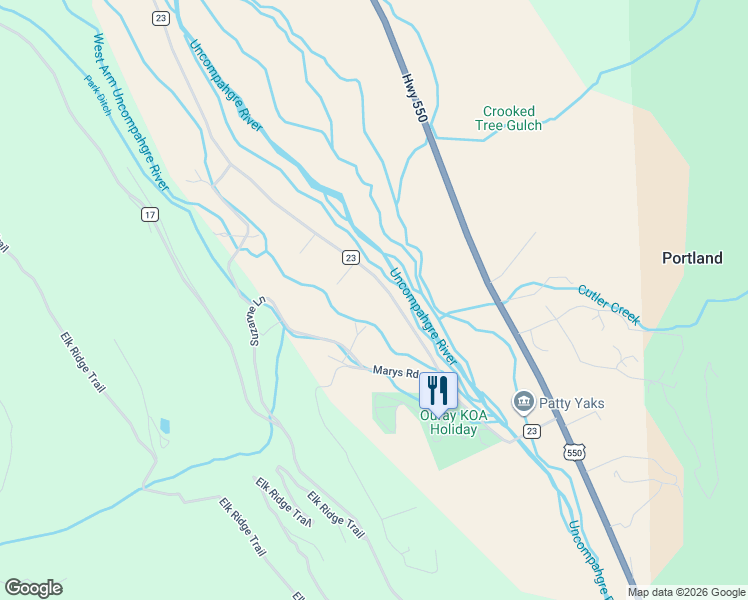 map of restaurants, bars, coffee shops, grocery stores, and more near 479 County Road 23 in Ridgway