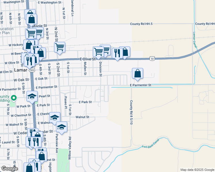 map of restaurants, bars, coffee shops, grocery stores, and more near 1001 East Parmenter Street in Lamar