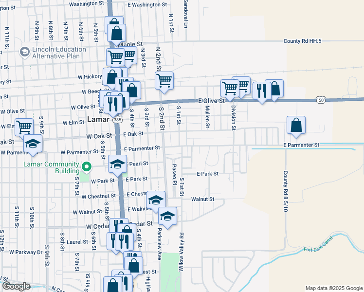 map of restaurants, bars, coffee shops, grocery stores, and more near 500 South 1st Street in Lamar