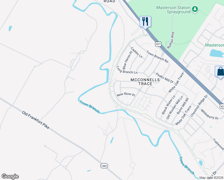 map of restaurants, bars, coffee shops, grocery stores, and more near 360 McConnells Trace in Lexington