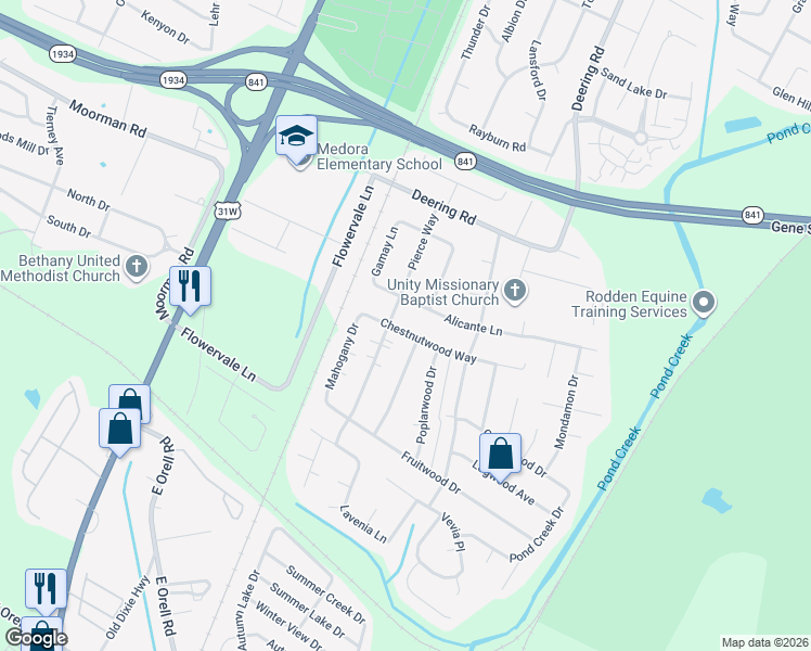 map of restaurants, bars, coffee shops, grocery stores, and more near 11700 Dearing Woods Drive in Louisville