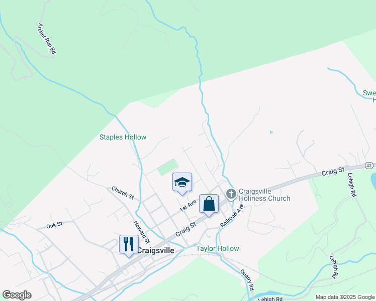 map of restaurants, bars, coffee shops, grocery stores, and more near 155 Central Avenue in Craigsville