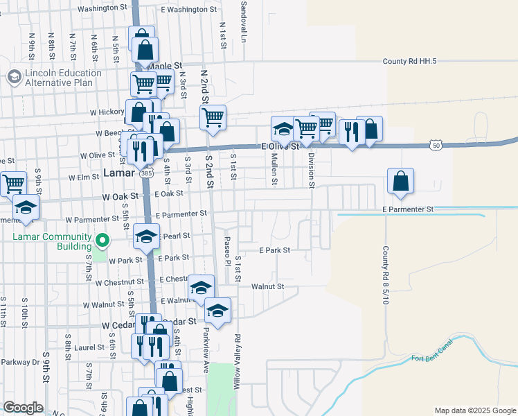 map of restaurants, bars, coffee shops, grocery stores, and more near 505 Stewart Pl in Lamar