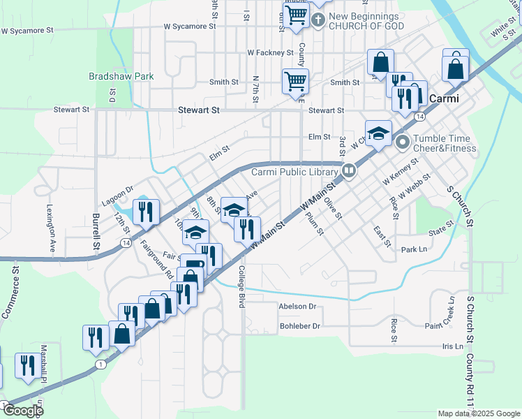 map of restaurants, bars, coffee shops, grocery stores, and more near 209 Herbert Avenue in Carmi