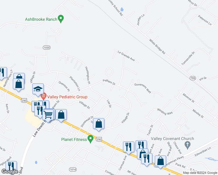 map of restaurants, bars, coffee shops, grocery stores, and more near 104 Lighthorse Lane in Waynesboro