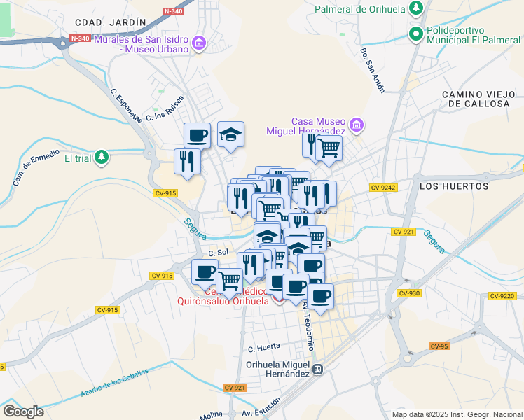 map of restaurants, bars, coffee shops, grocery stores, and more near 2 Calle Obispo Victorio Oliver in Orihuela