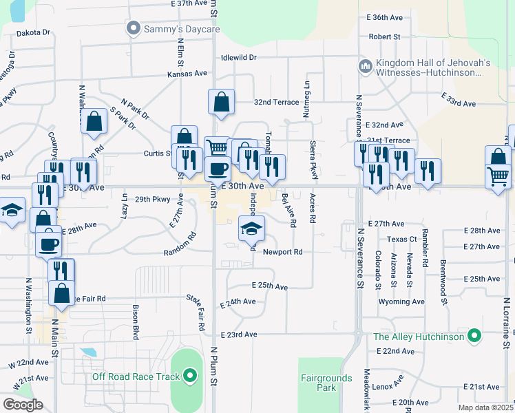 map of restaurants, bars, coffee shops, grocery stores, and more near 600 Catalina Drive in Hutchinson