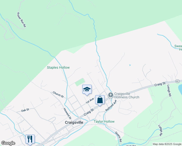 map of restaurants, bars, coffee shops, grocery stores, and more near 155 Central Avenue in Craigsville