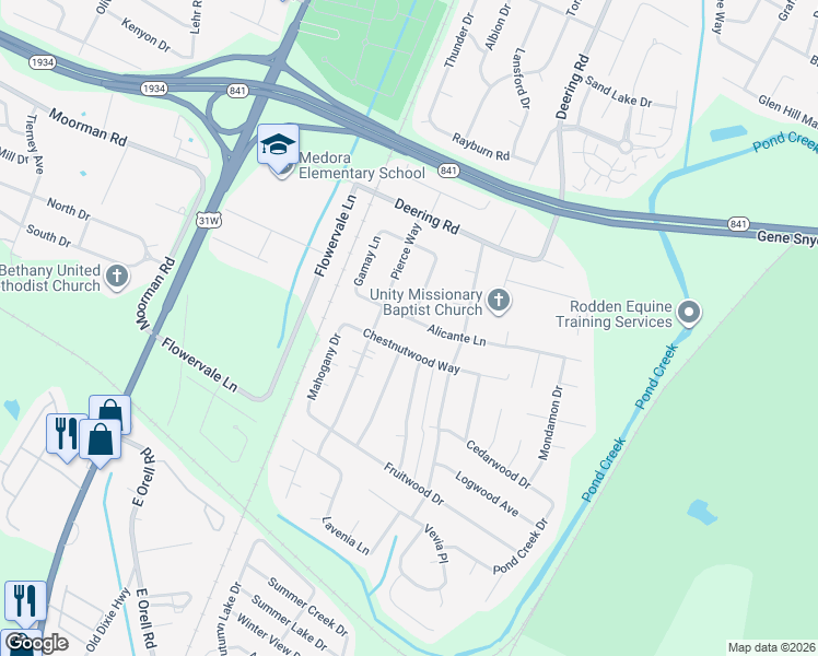map of restaurants, bars, coffee shops, grocery stores, and more near 11700 Dearing Woods Drive in Louisville