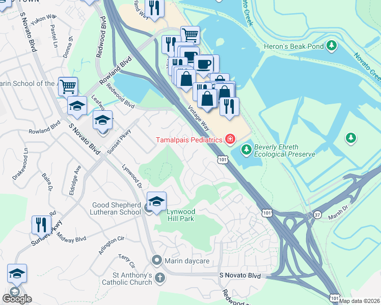 map of restaurants, bars, coffee shops, grocery stores, and more near 4 Redwood Boulevard in Novato