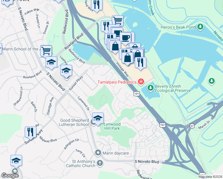 map of restaurants, bars, coffee shops, grocery stores, and more near 2 Park Crest Court in Novato
