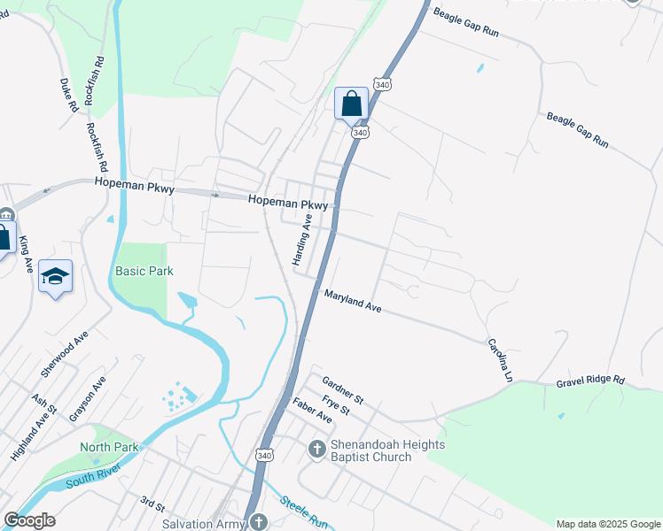 map of restaurants, bars, coffee shops, grocery stores, and more near 1408 North Delphine Avenue in Waynesboro