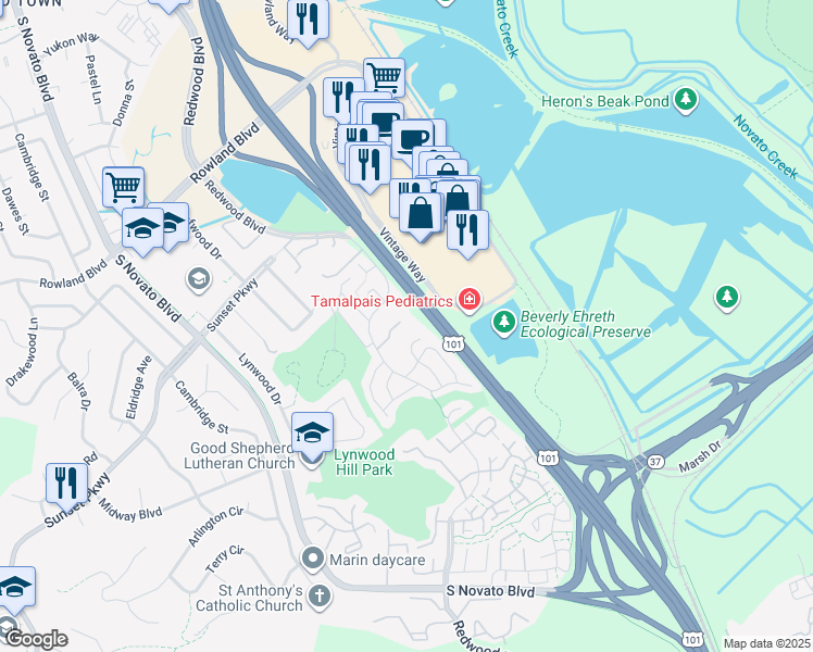 map of restaurants, bars, coffee shops, grocery stores, and more near 16 Rosewood Drive in Novato