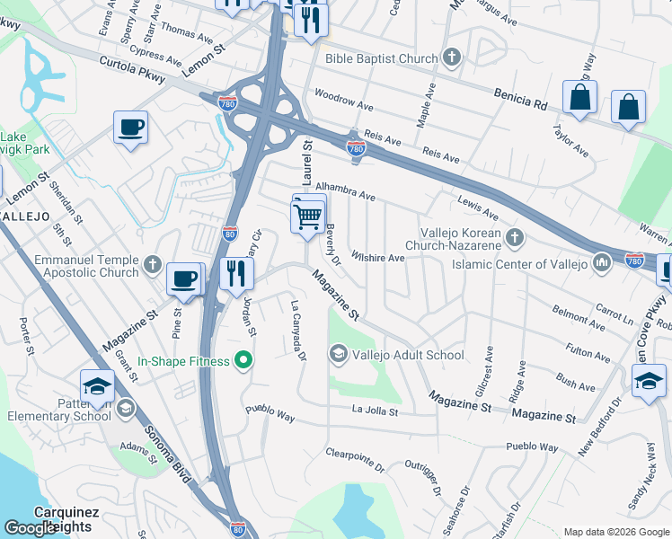 map of restaurants, bars, coffee shops, grocery stores, and more near 1317 Magazine Street in Vallejo