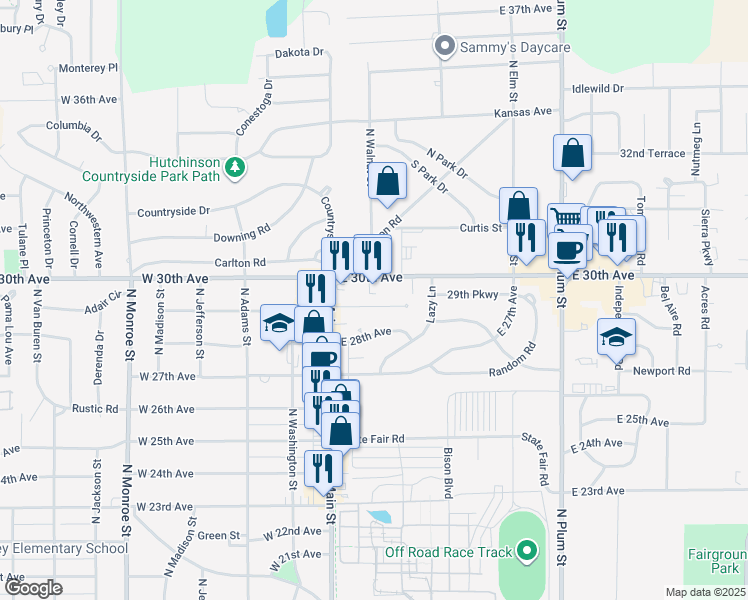map of restaurants, bars, coffee shops, grocery stores, and more near 14 East 28th Avenue in Hutchinson