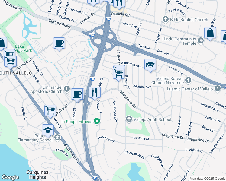map of restaurants, bars, coffee shops, grocery stores, and more near 206 La Brea Street in Vallejo