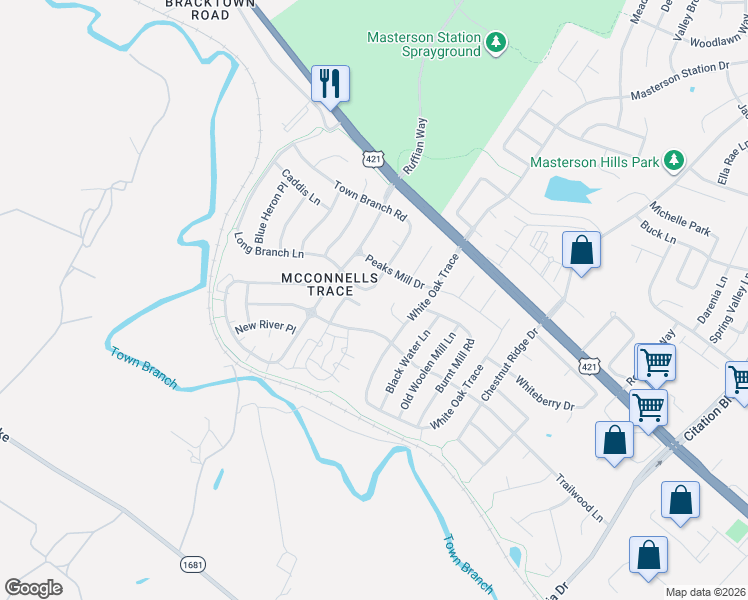map of restaurants, bars, coffee shops, grocery stores, and more near 412 Long Branch Lane in Lexington