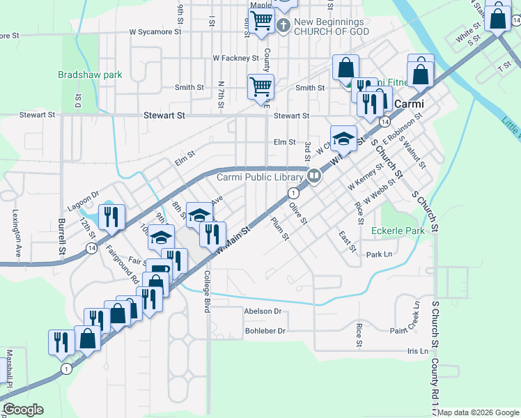map of restaurants, bars, coffee shops, grocery stores, and more near 122-126 6th Street in Carmi