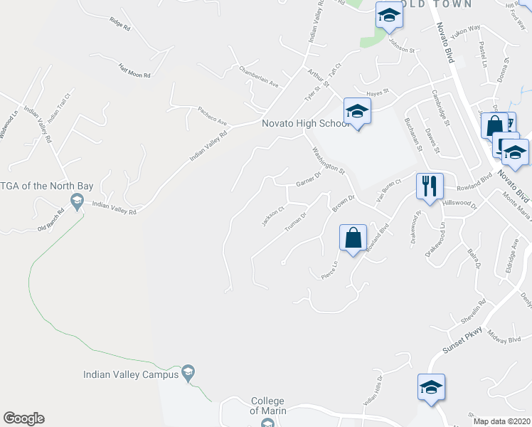 map of restaurants, bars, coffee shops, grocery stores, and more near 10 Jackson Court in Novato