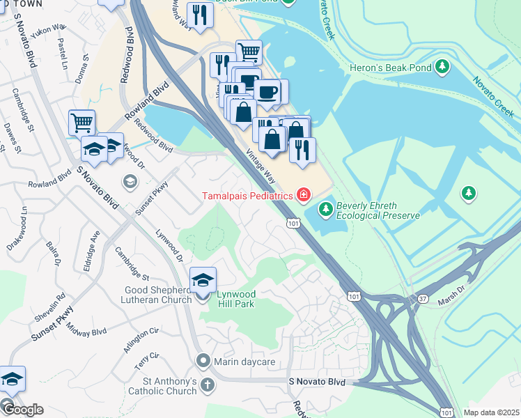map of restaurants, bars, coffee shops, grocery stores, and more near 1263 Redwood Boulevard in Novato