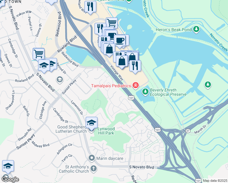 map of restaurants, bars, coffee shops, grocery stores, and more near 1263 Redwood Boulevard in Novato