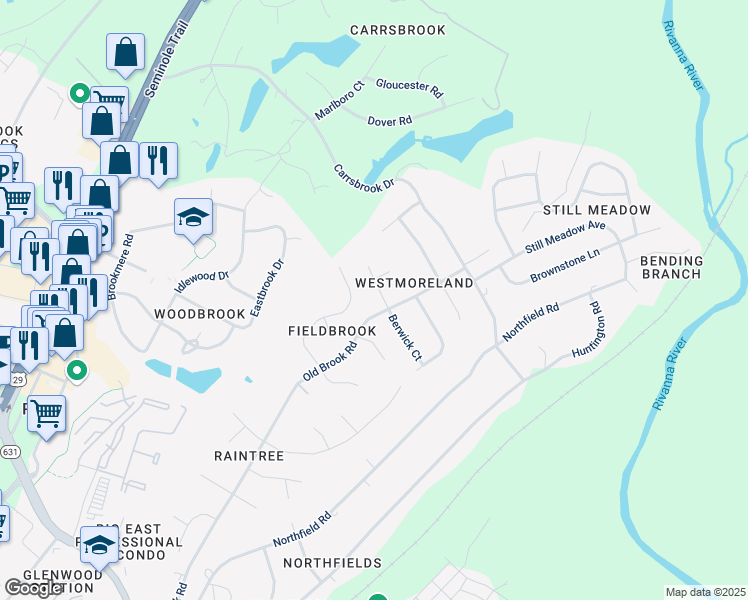 map of restaurants, bars, coffee shops, grocery stores, and more near Berkmar Drive in Charlottesville