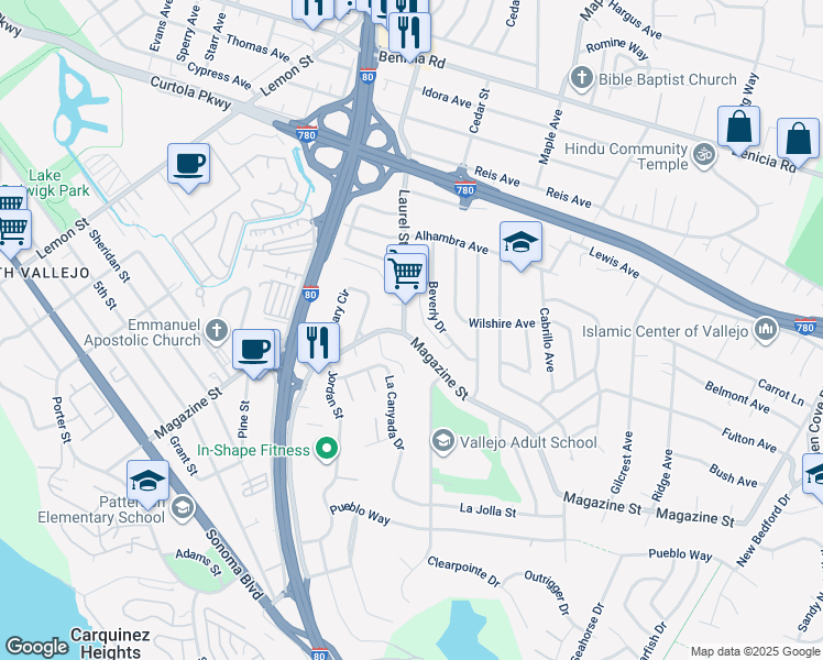 map of restaurants, bars, coffee shops, grocery stores, and more near 1300 Magazine Street in Vallejo