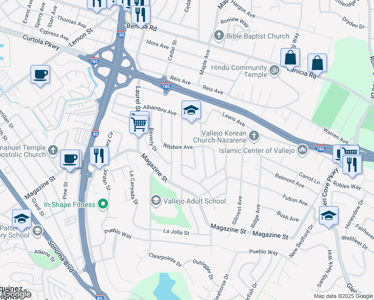 map of restaurants, bars, coffee shops, grocery stores, and more near 207 Wilshire Avenue in Vallejo