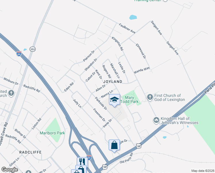 map of restaurants, bars, coffee shops, grocery stores, and more near 2325 Allen Drive in Lexington