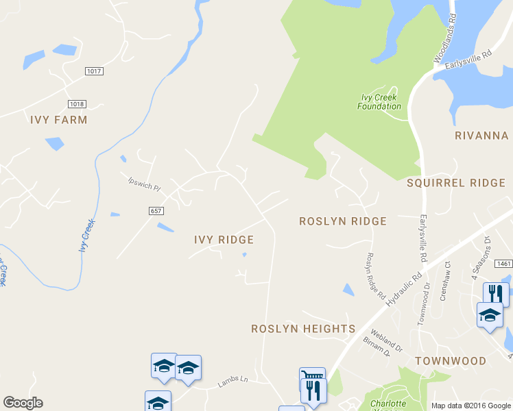 map of restaurants, bars, coffee shops, grocery stores, and more near 103 Burton Court in Charlottesville