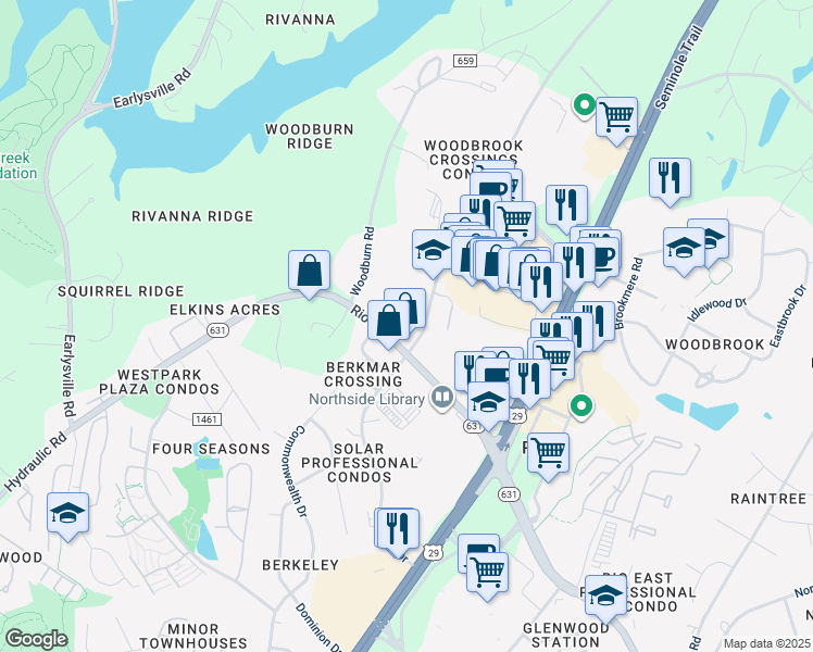 map of restaurants, bars, coffee shops, grocery stores, and more near 614 Rio Road West in Charlottesville