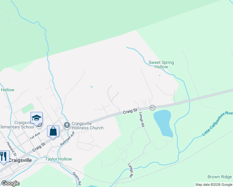 map of restaurants, bars, coffee shops, grocery stores, and more near 10 Forest Tap Drive in Craigsville