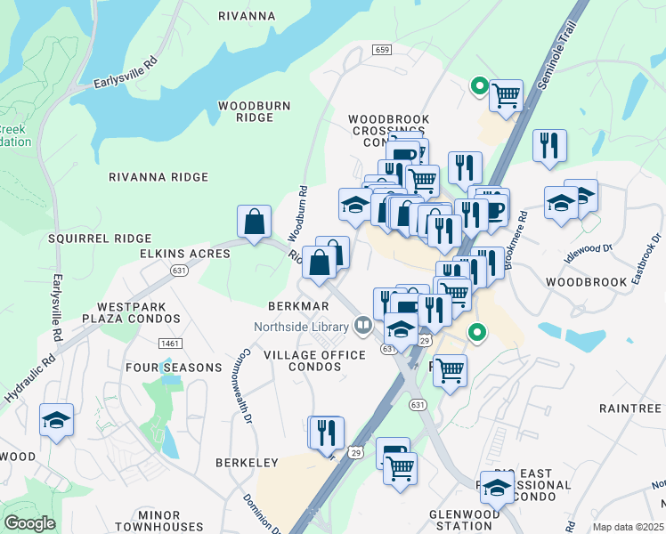 map of restaurants, bars, coffee shops, grocery stores, and more near 614 Rio Road West in Charlottesville