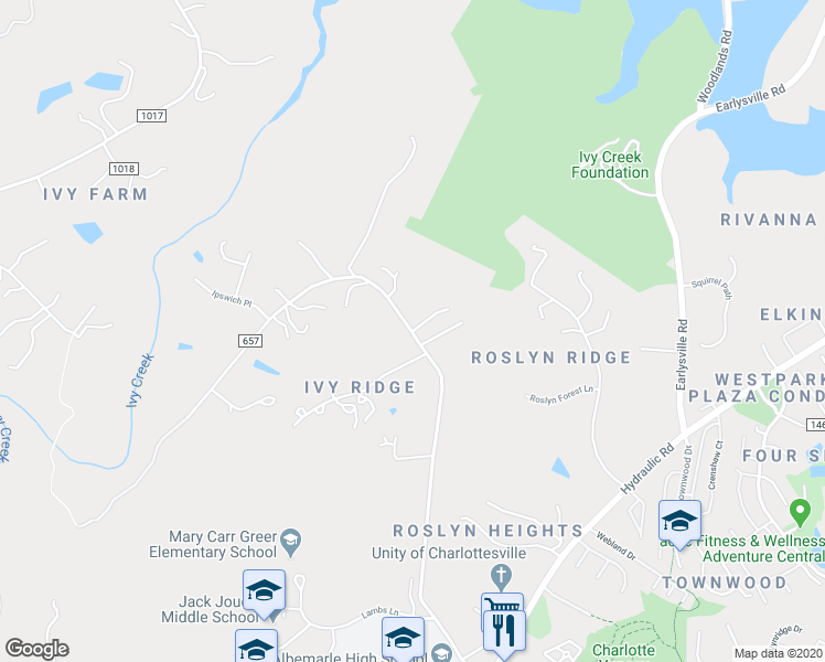 map of restaurants, bars, coffee shops, grocery stores, and more near 102 Burton Court in Charlottesville