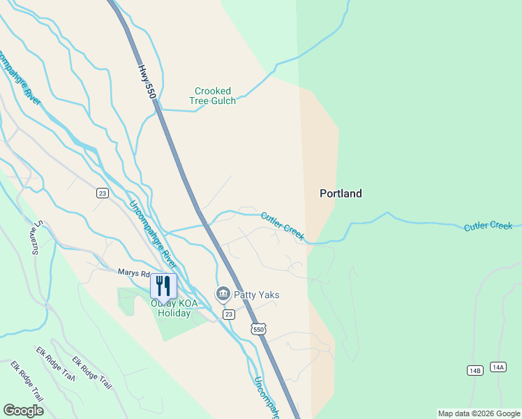map of restaurants, bars, coffee shops, grocery stores, and more near 104 Cutler Creek Drive in Ridgway