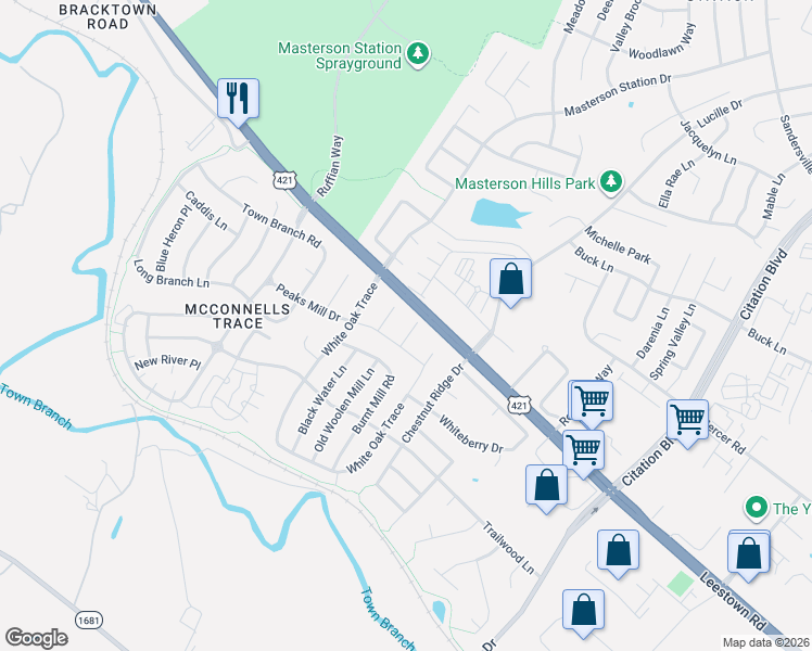 map of restaurants, bars, coffee shops, grocery stores, and more near 108 White Oak Trace in Lexington